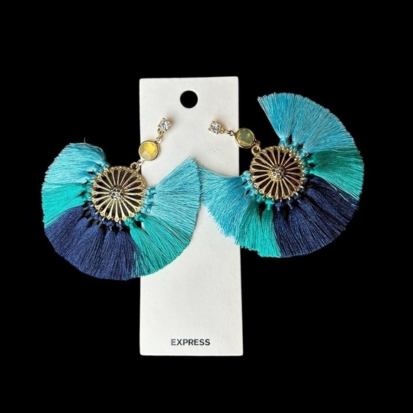 Statement Earrings From Express Boho Tropical Bold Gold & Shades of Blue Fringe - Picture 2 of 13